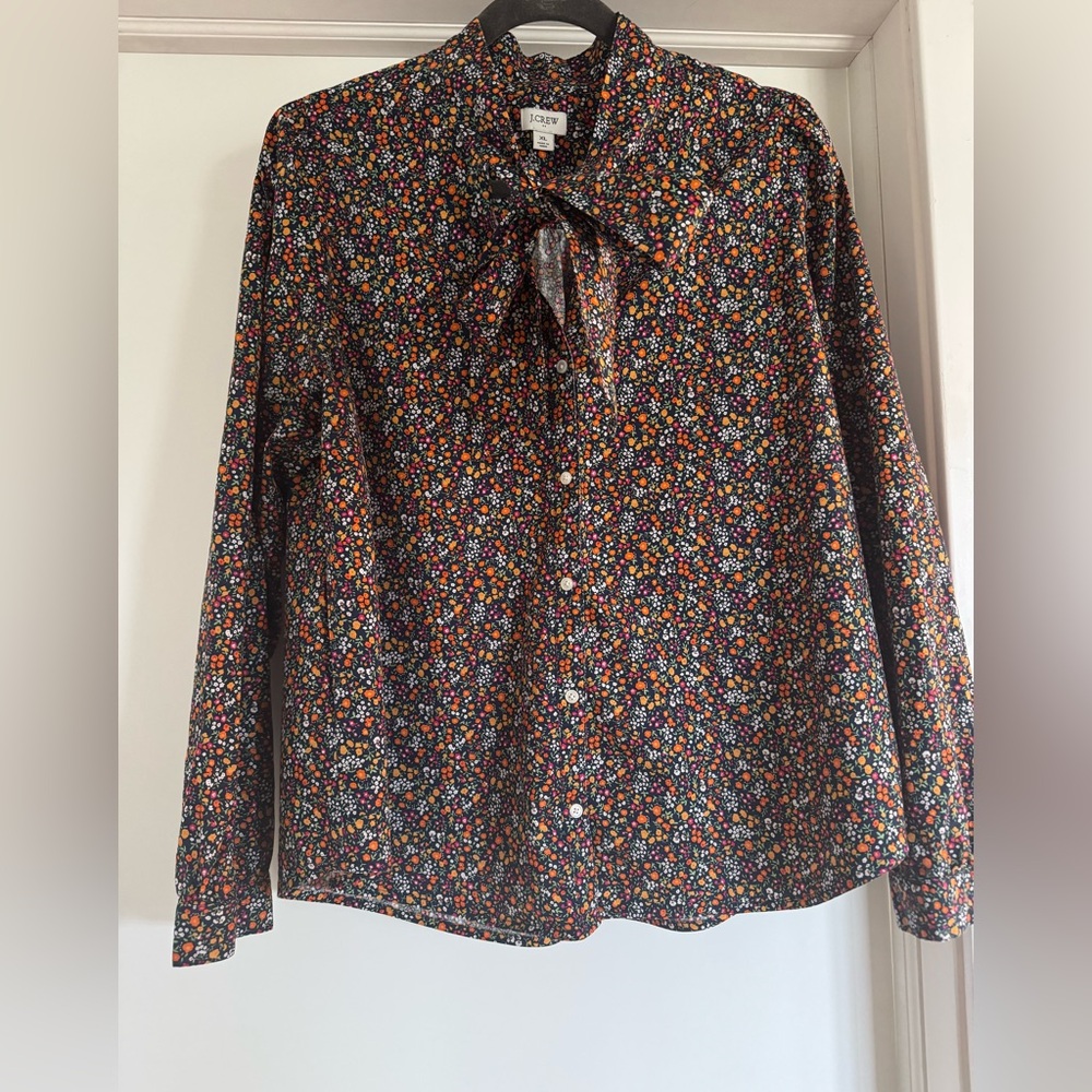 J. Crew Retro Floral Button-Up Blouse with Multicolor Ditsy Print and Ties XL - Picture 3 of 8